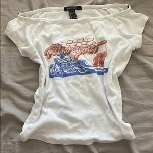 Forever 21 White Off-Shoulder Motorsports Tee